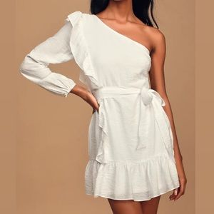 Lulu’s Beautiful White One Shoulder Ruffle Dress